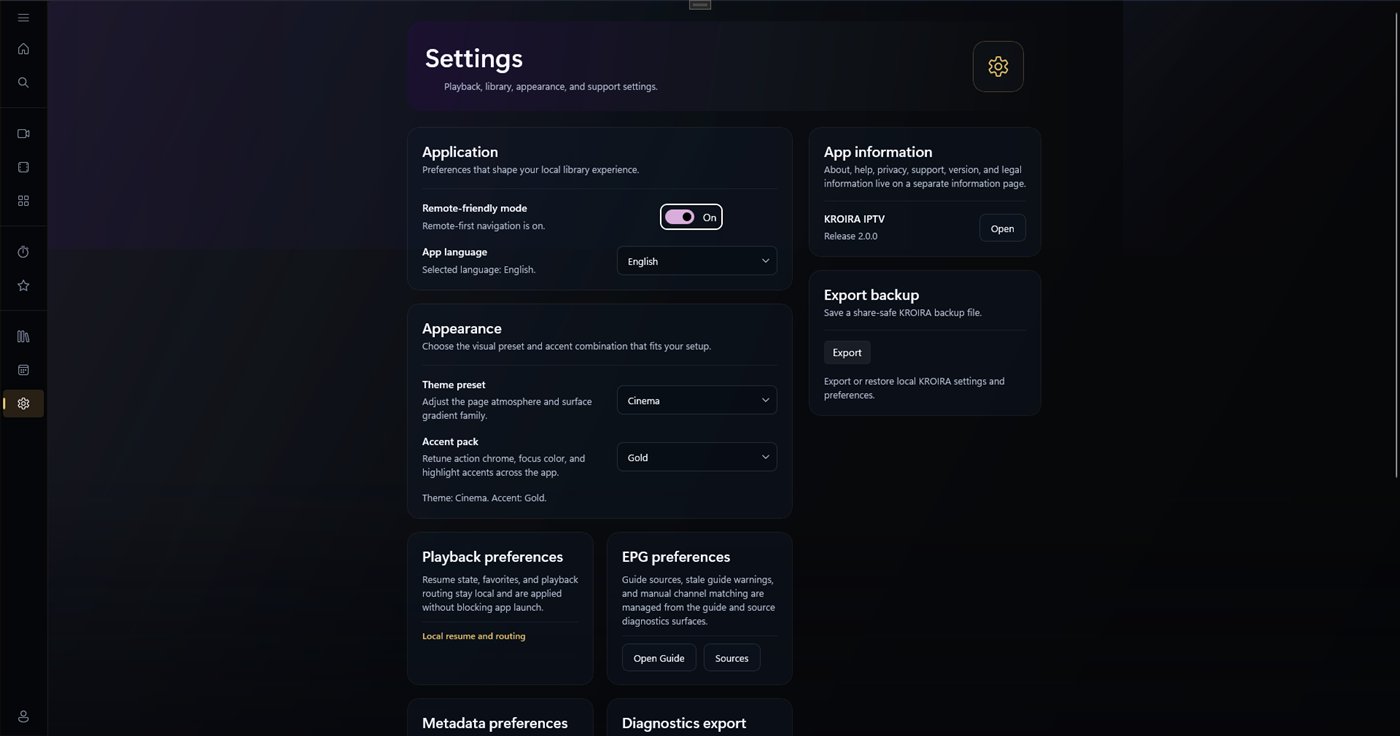 KROIRA settings screen
